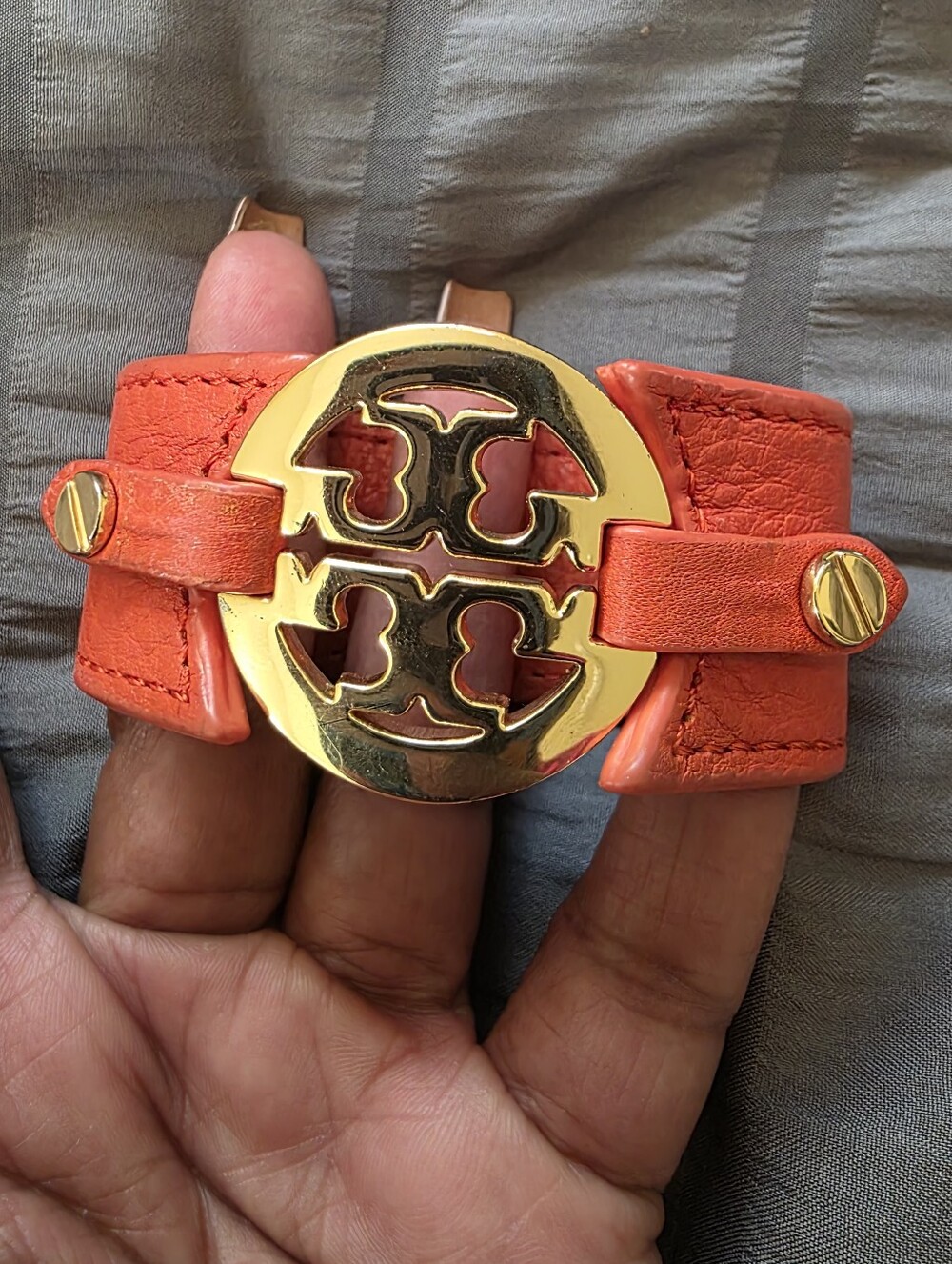 Tory Burch Orange Leather Logo Cuff Bracelet with Gold-Tone Hardware